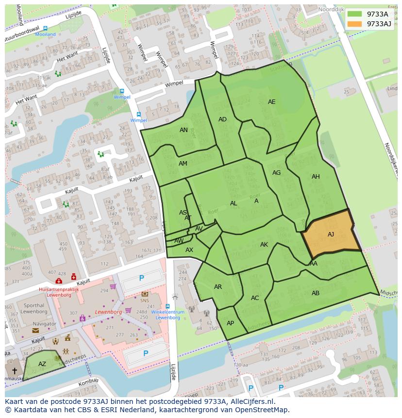 Afbeelding van het postcodegebied 9733 AJ op de kaart.