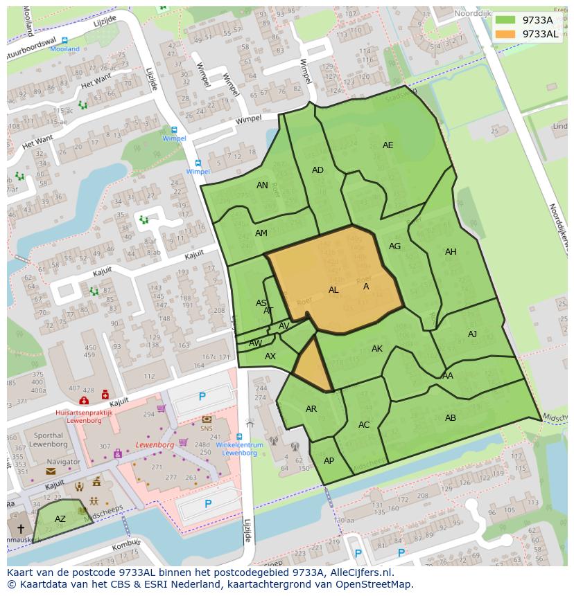 Afbeelding van het postcodegebied 9733 AL op de kaart.