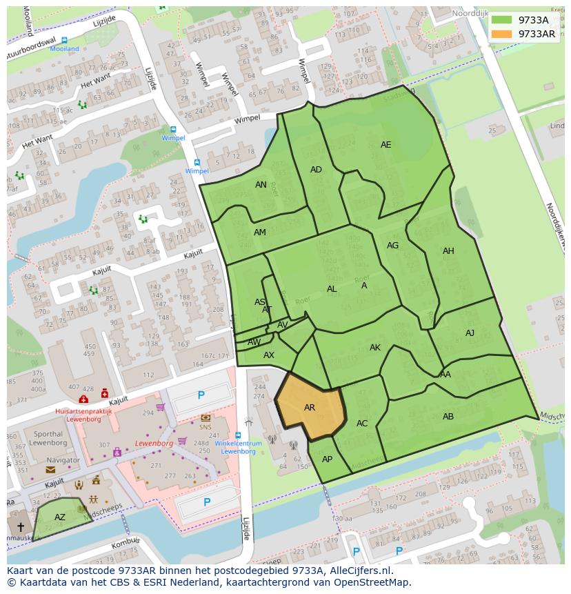 Afbeelding van het postcodegebied 9733 AR op de kaart.