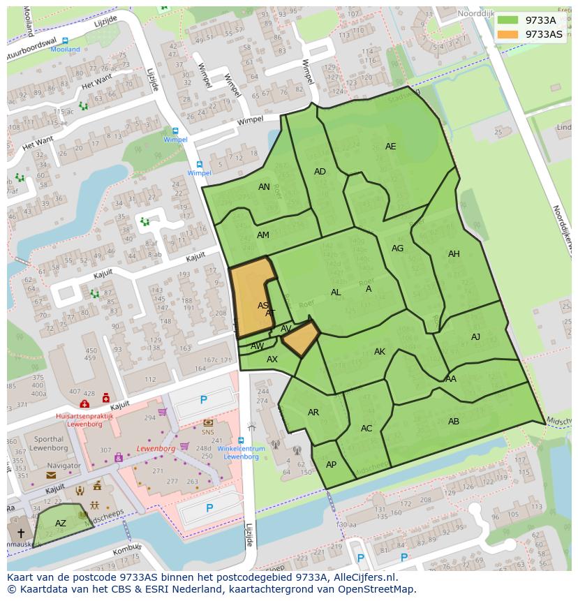 Afbeelding van het postcodegebied 9733 AS op de kaart.