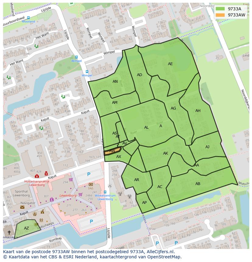 Afbeelding van het postcodegebied 9733 AW op de kaart.