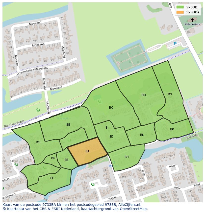 Afbeelding van het postcodegebied 9733 BA op de kaart.