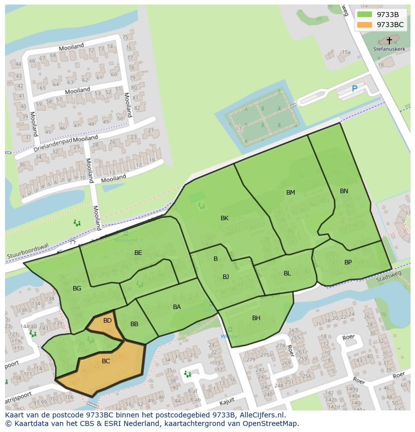 Afbeelding van het postcodegebied 9733 BC op de kaart.