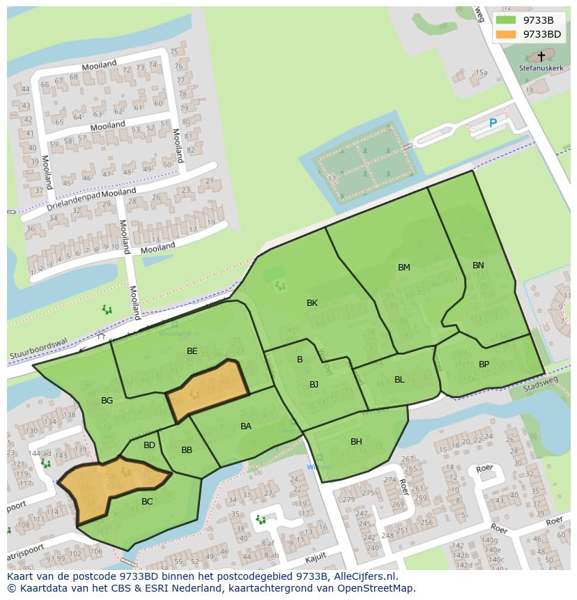 Afbeelding van het postcodegebied 9733 BD op de kaart.