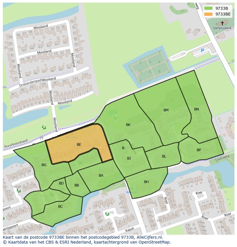 Afbeelding van het postcodegebied 9733 BE op de kaart.