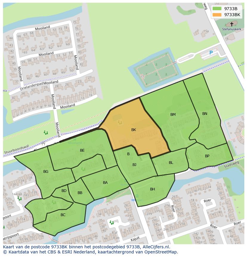 Afbeelding van het postcodegebied 9733 BK op de kaart.