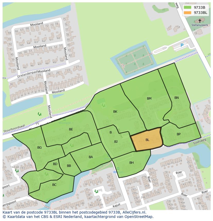 Afbeelding van het postcodegebied 9733 BL op de kaart.