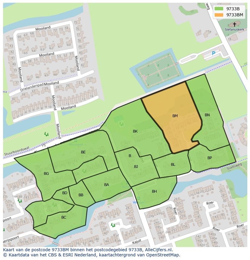 Afbeelding van het postcodegebied 9733 BM op de kaart.