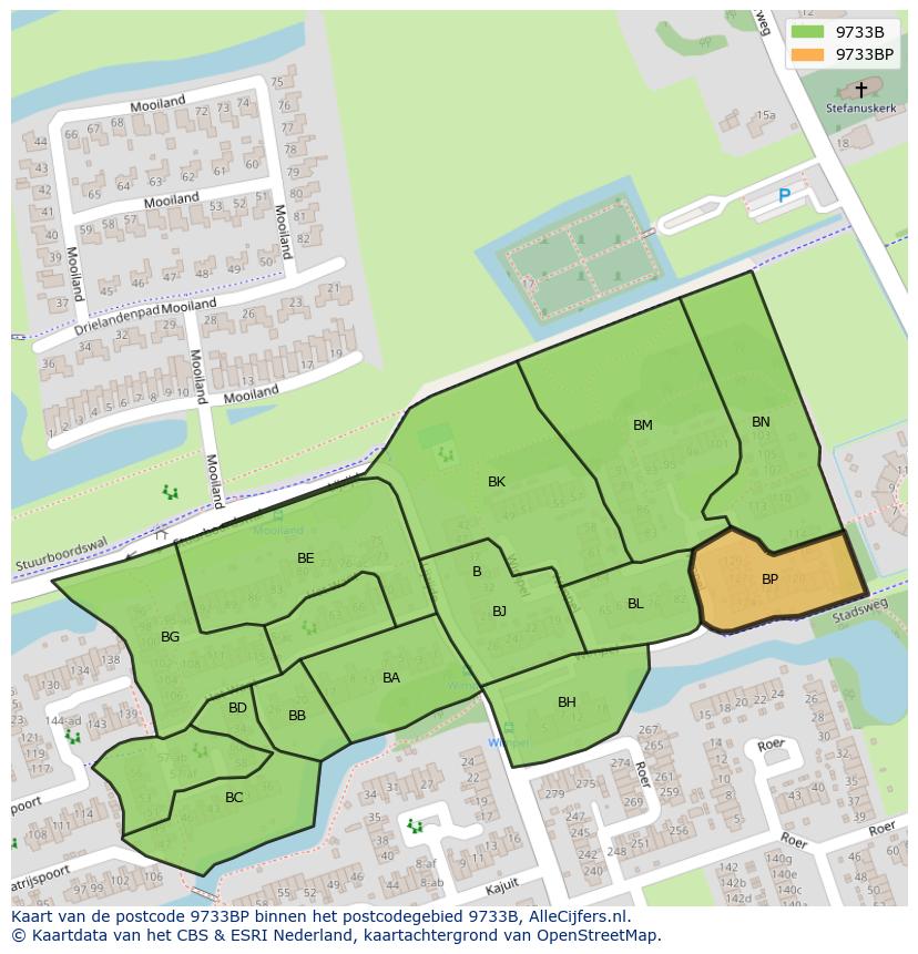 Afbeelding van het postcodegebied 9733 BP op de kaart.