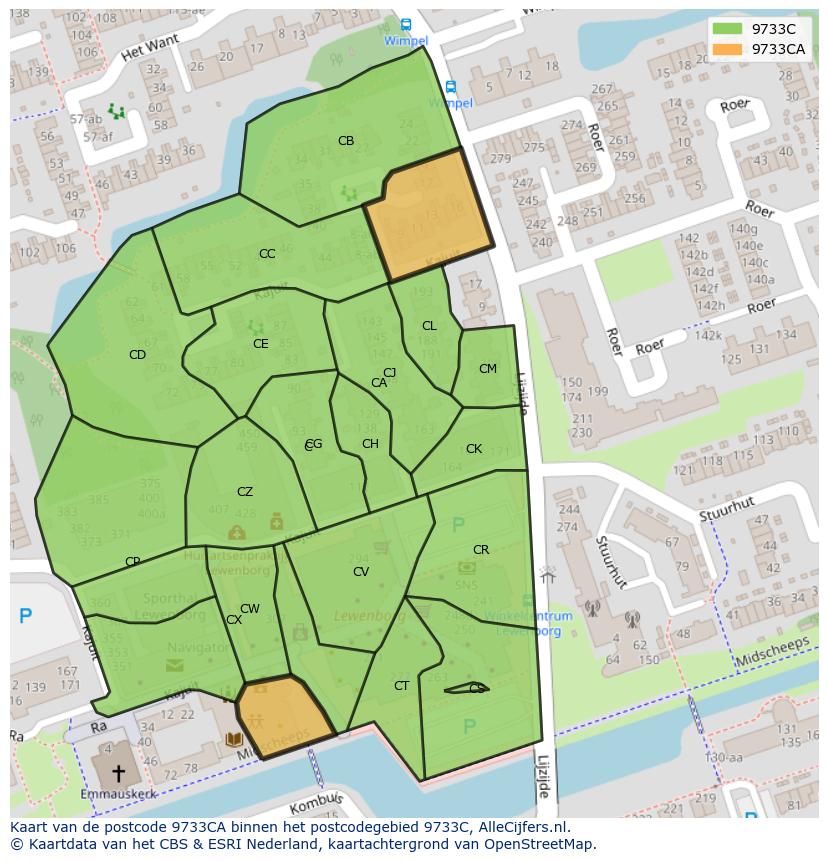 Afbeelding van het postcodegebied 9733 CA op de kaart.