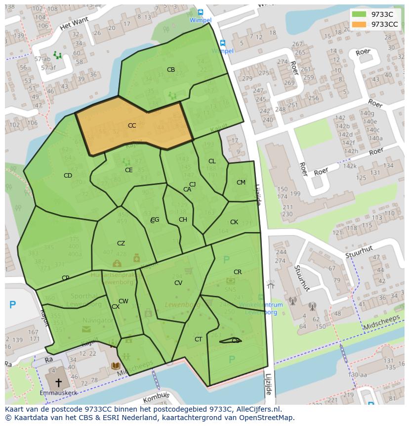 Afbeelding van het postcodegebied 9733 CC op de kaart.