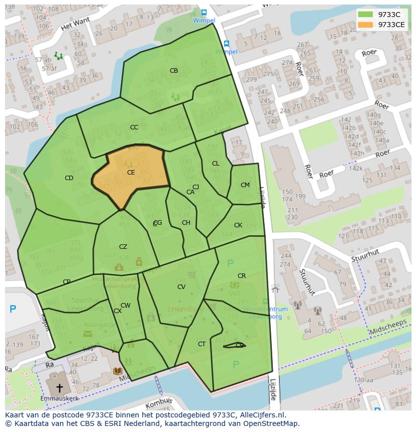Afbeelding van het postcodegebied 9733 CE op de kaart.