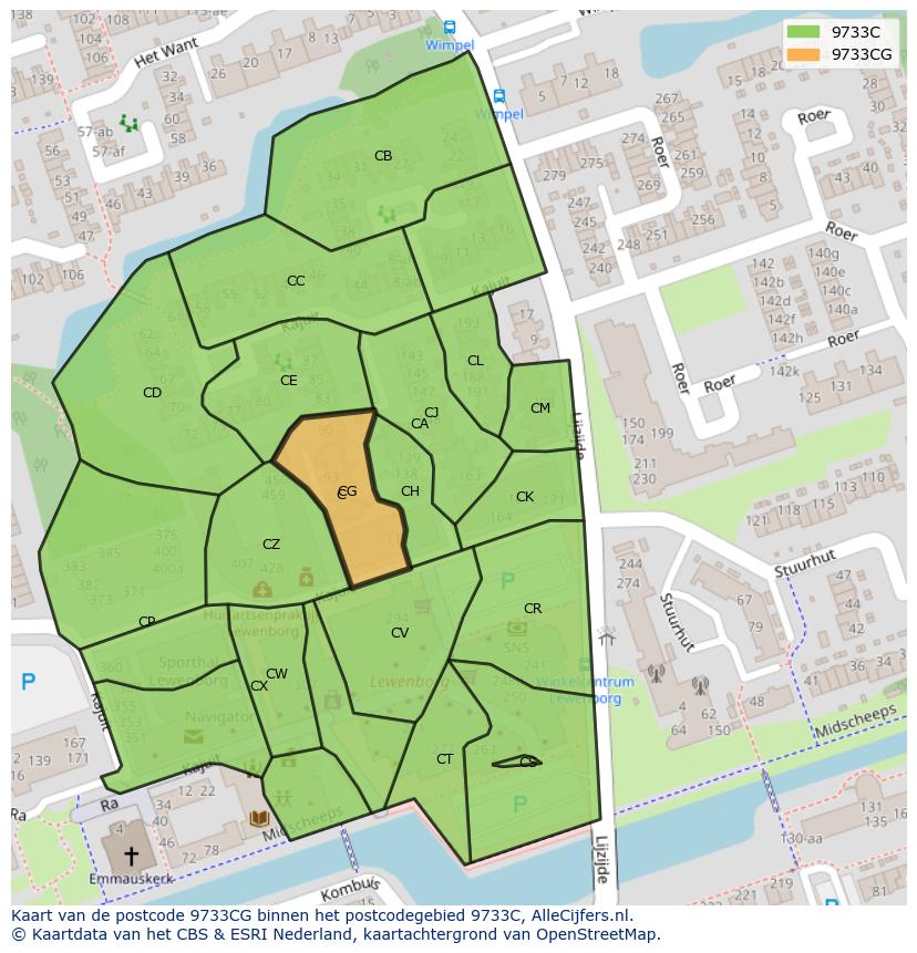 Afbeelding van het postcodegebied 9733 CG op de kaart.