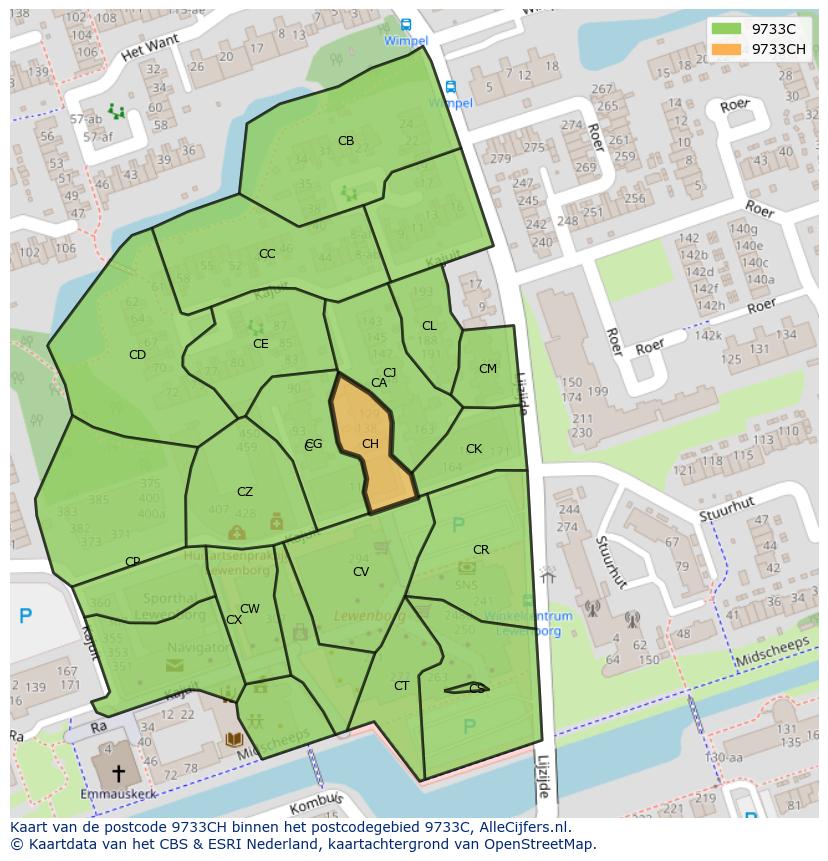 Afbeelding van het postcodegebied 9733 CH op de kaart.