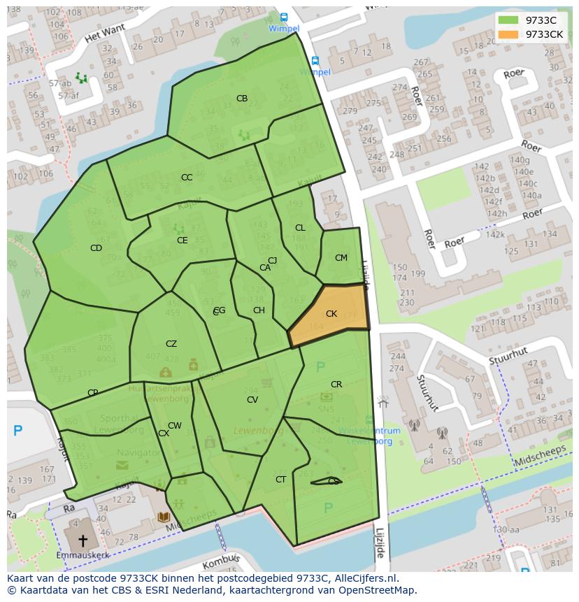 Afbeelding van het postcodegebied 9733 CK op de kaart.