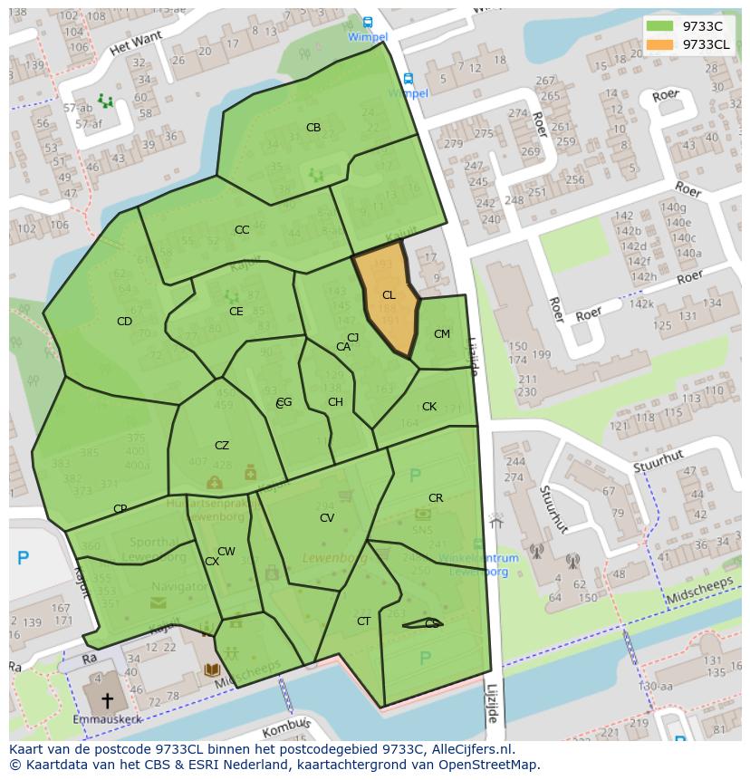 Afbeelding van het postcodegebied 9733 CL op de kaart.