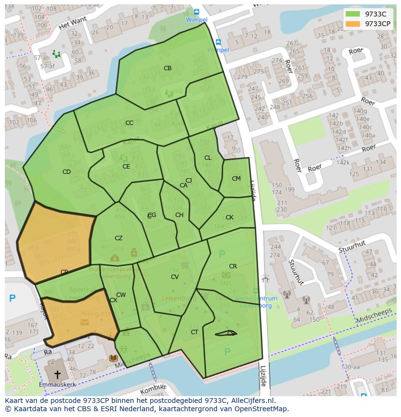 Afbeelding van het postcodegebied 9733 CP op de kaart.