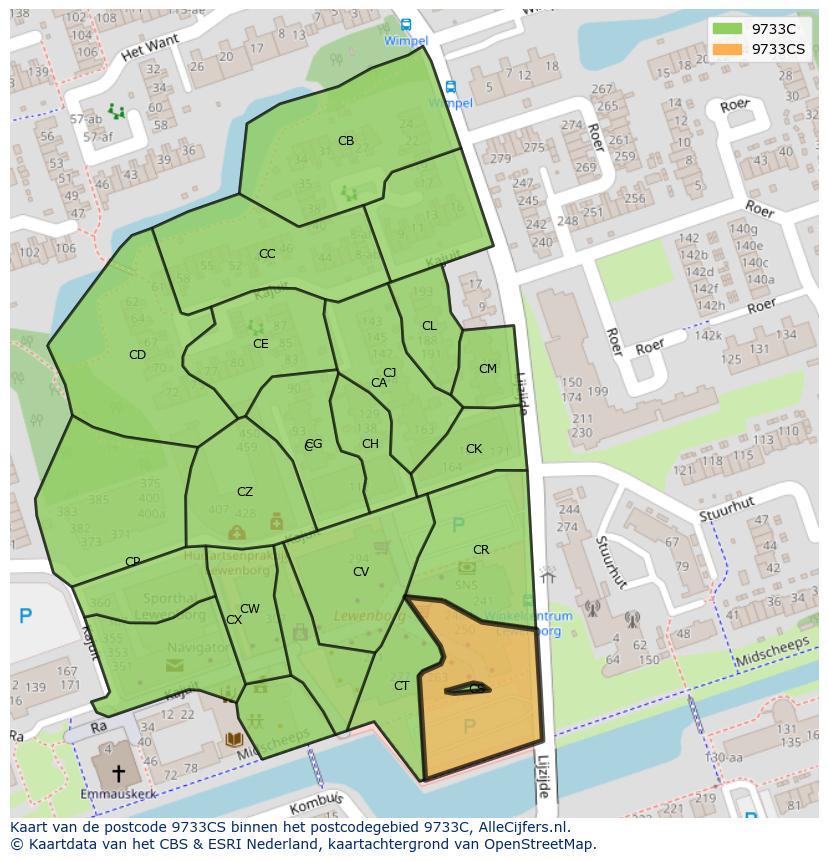 Afbeelding van het postcodegebied 9733 CS op de kaart.