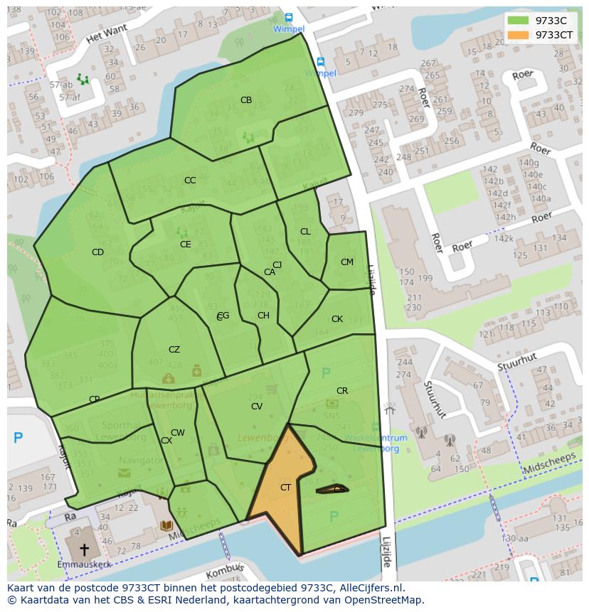 Afbeelding van het postcodegebied 9733 CT op de kaart.