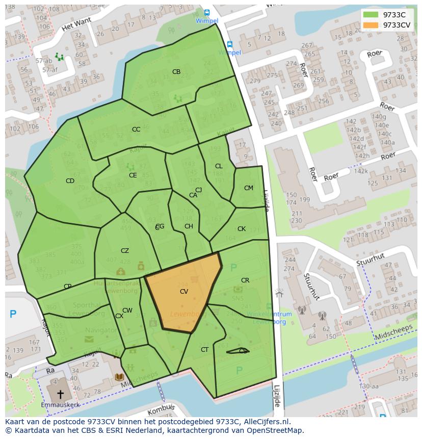 Afbeelding van het postcodegebied 9733 CV op de kaart.
