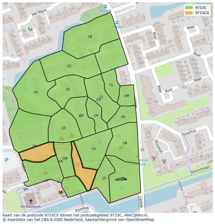 Afbeelding van het postcodegebied 9733 CX op de kaart.