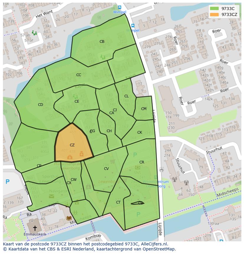 Afbeelding van het postcodegebied 9733 CZ op de kaart.