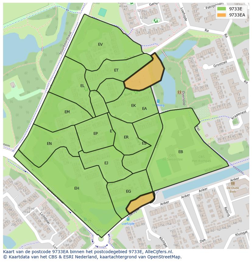 Afbeelding van het postcodegebied 9733 EA op de kaart.