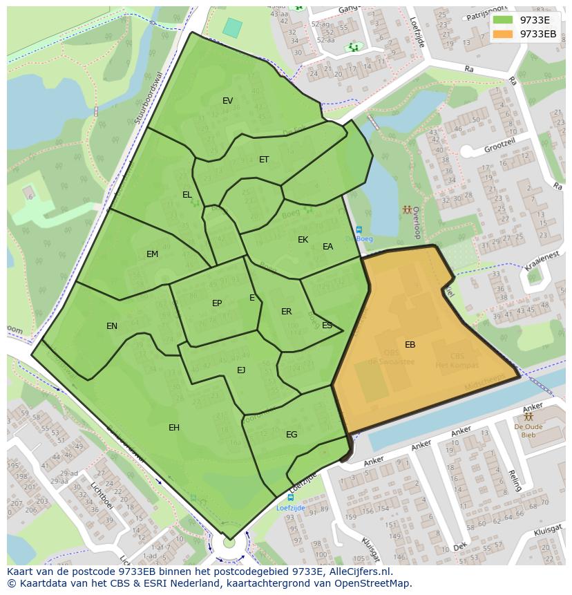 Afbeelding van het postcodegebied 9733 EB op de kaart.
