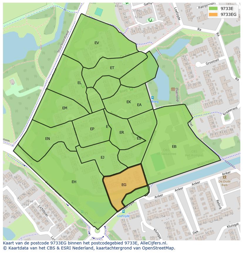 Afbeelding van het postcodegebied 9733 EG op de kaart.