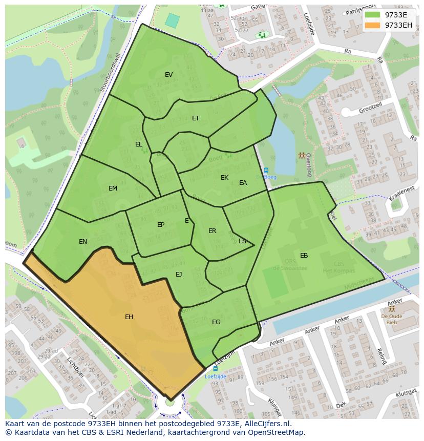 Afbeelding van het postcodegebied 9733 EH op de kaart.
