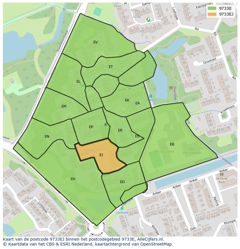 Afbeelding van het postcodegebied 9733 EJ op de kaart.