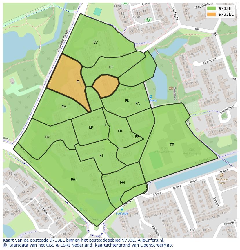 Afbeelding van het postcodegebied 9733 EL op de kaart.