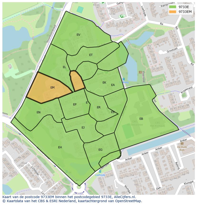 Afbeelding van het postcodegebied 9733 EM op de kaart.