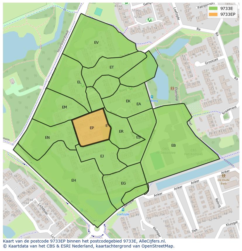 Afbeelding van het postcodegebied 9733 EP op de kaart.