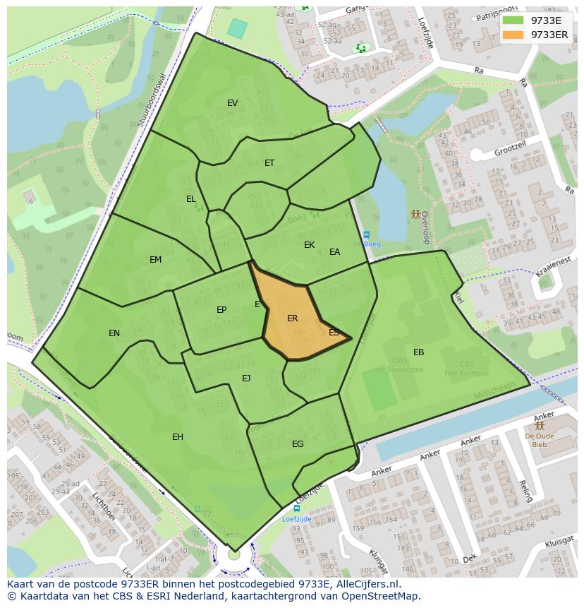 Afbeelding van het postcodegebied 9733 ER op de kaart.