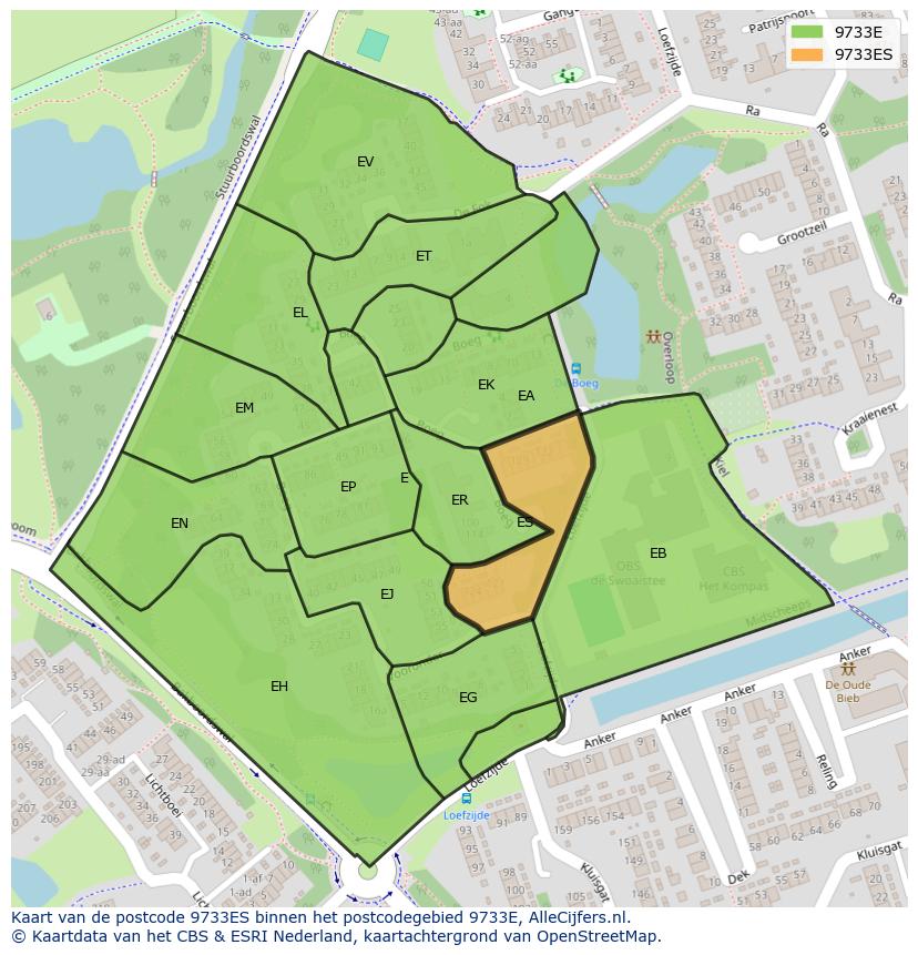 Afbeelding van het postcodegebied 9733 ES op de kaart.