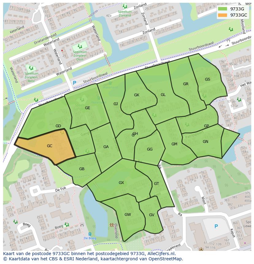 Afbeelding van het postcodegebied 9733 GC op de kaart.