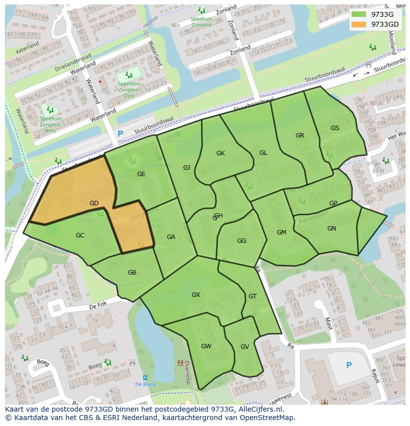 Afbeelding van het postcodegebied 9733 GD op de kaart.