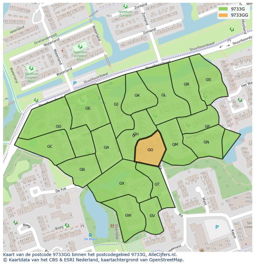 Afbeelding van het postcodegebied 9733 GG op de kaart.