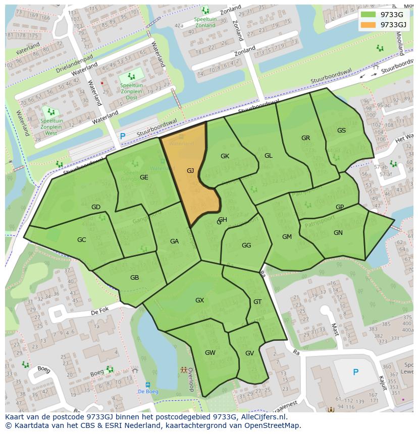 Afbeelding van het postcodegebied 9733 GJ op de kaart.