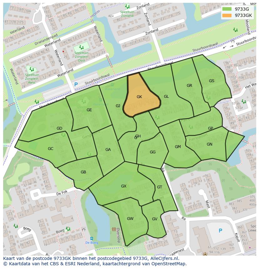 Afbeelding van het postcodegebied 9733 GK op de kaart.