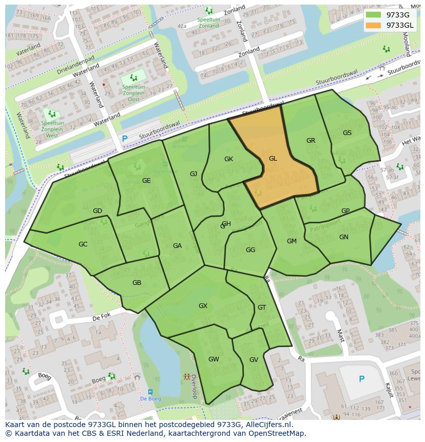 Afbeelding van het postcodegebied 9733 GL op de kaart.