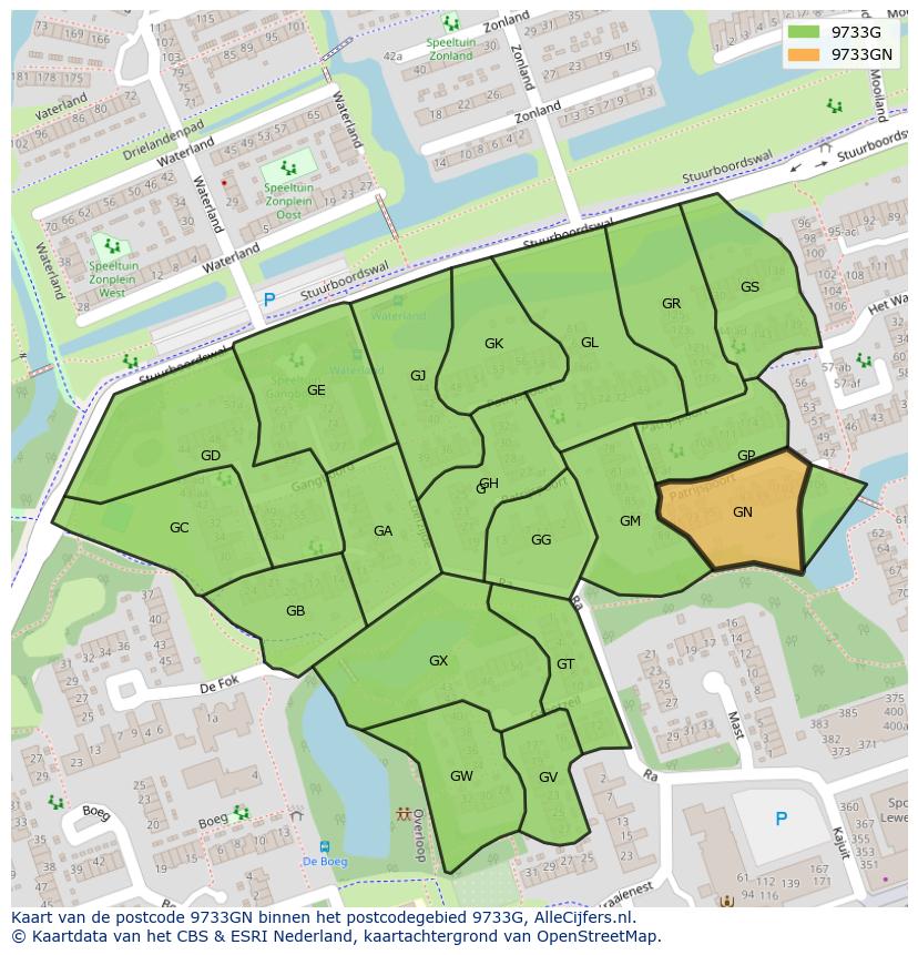 Afbeelding van het postcodegebied 9733 GN op de kaart.