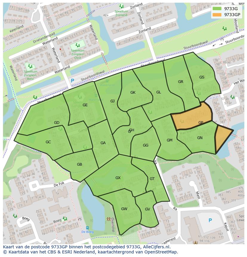 Afbeelding van het postcodegebied 9733 GP op de kaart.