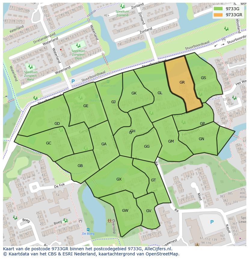 Afbeelding van het postcodegebied 9733 GR op de kaart.