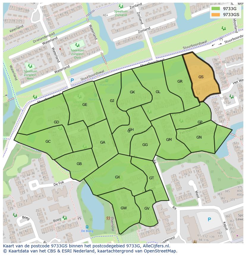 Afbeelding van het postcodegebied 9733 GS op de kaart.