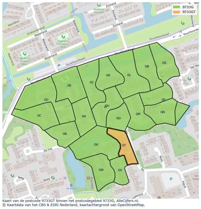Afbeelding van het postcodegebied 9733 GT op de kaart.