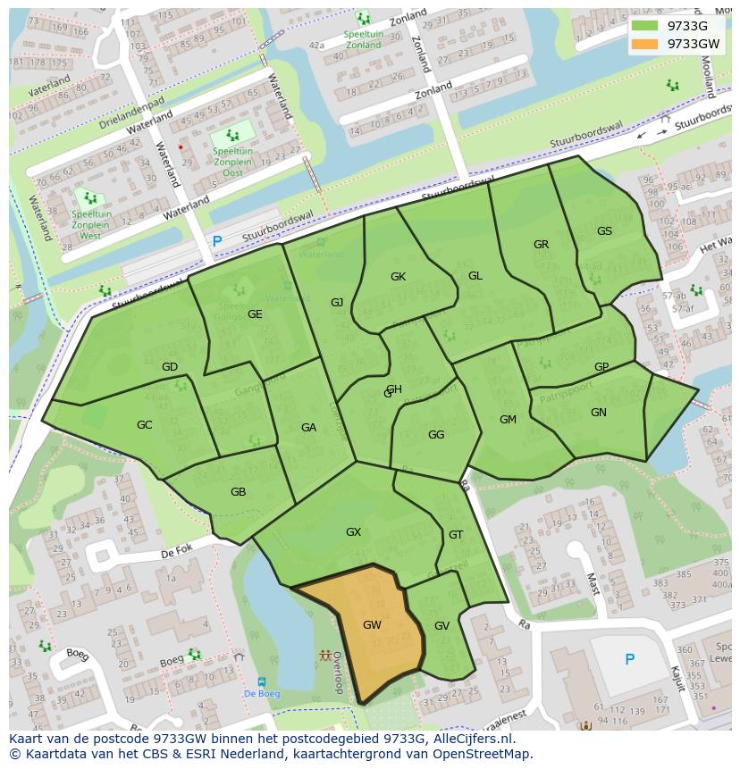 Afbeelding van het postcodegebied 9733 GW op de kaart.