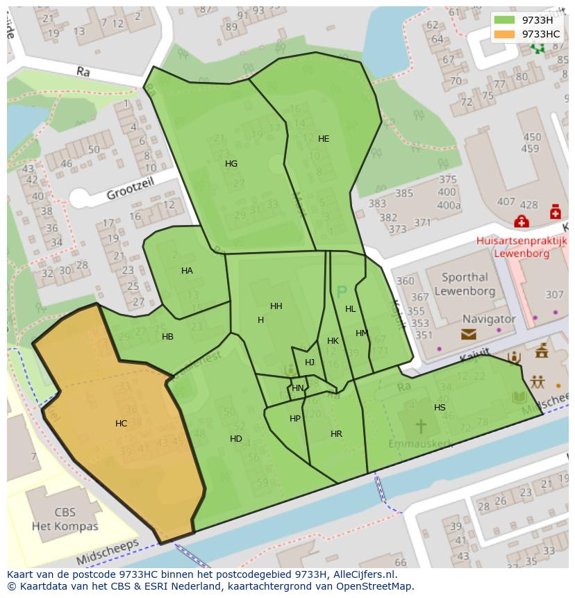 Afbeelding van het postcodegebied 9733 HC op de kaart.