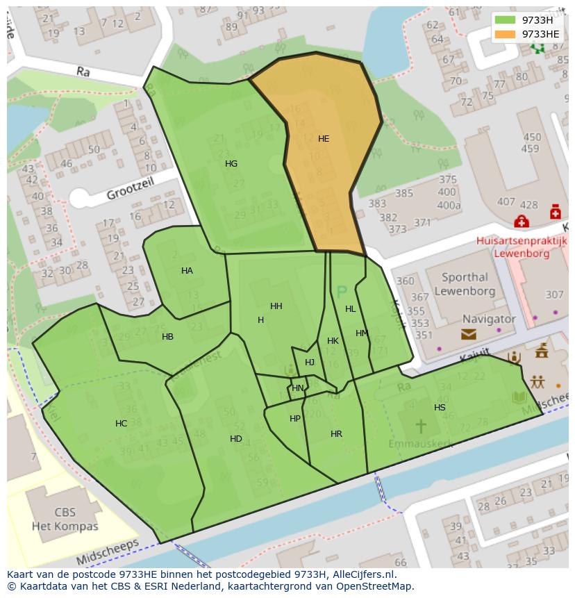 Afbeelding van het postcodegebied 9733 HE op de kaart.